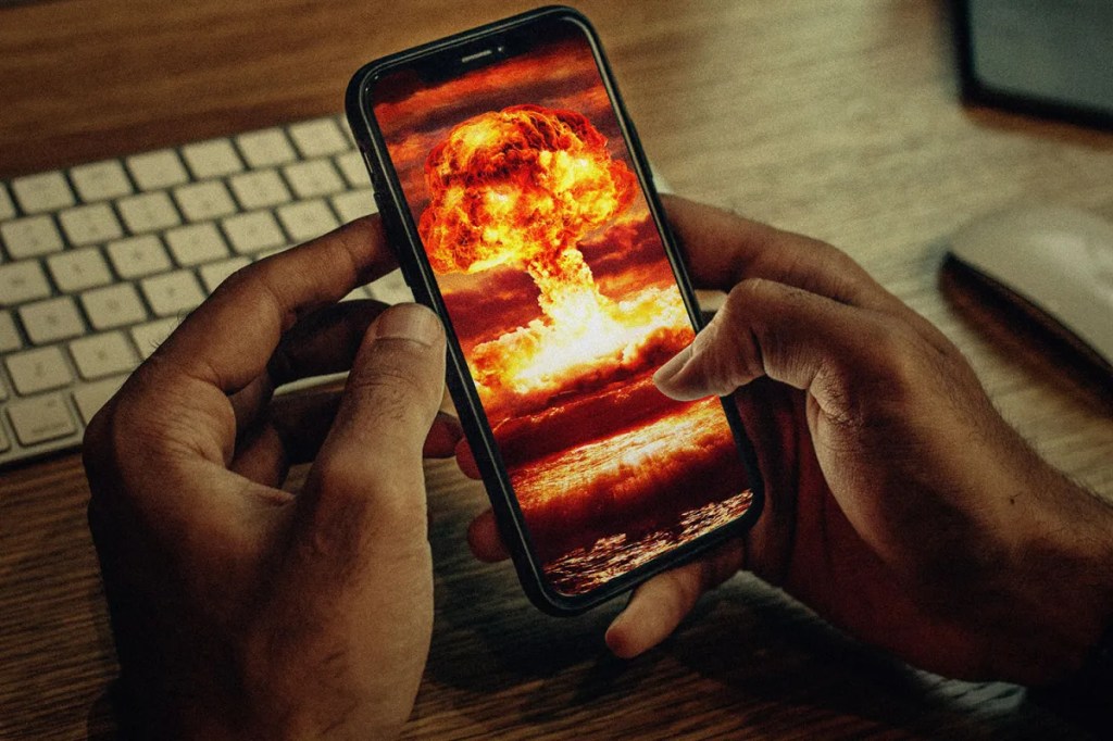 a hand holds a phone which shows a mushroom cloud image