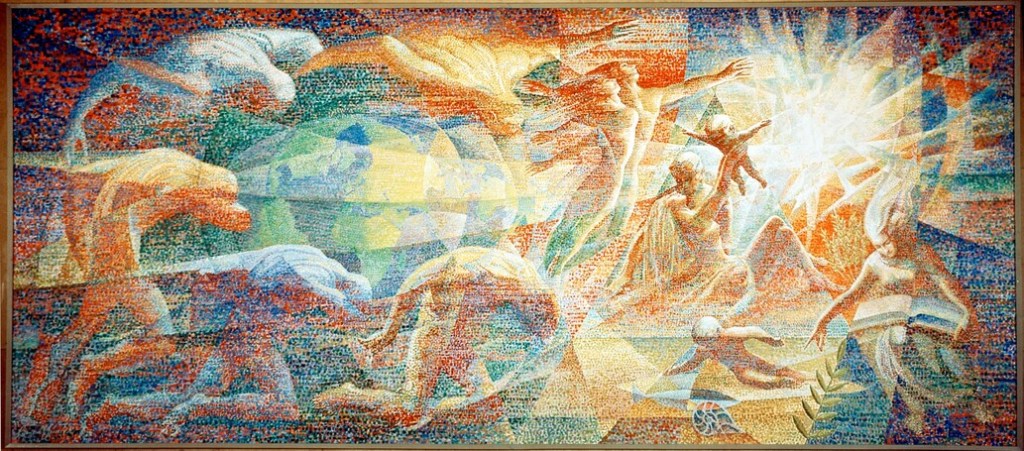 UN Titans artwork by Lumen Martin Winter. The mural Titans is based on the colours of the light spectrum representing the basic colours and creeds of all nations. The painting depicts five giants representing the five great continents moving the world out of darkness and into light