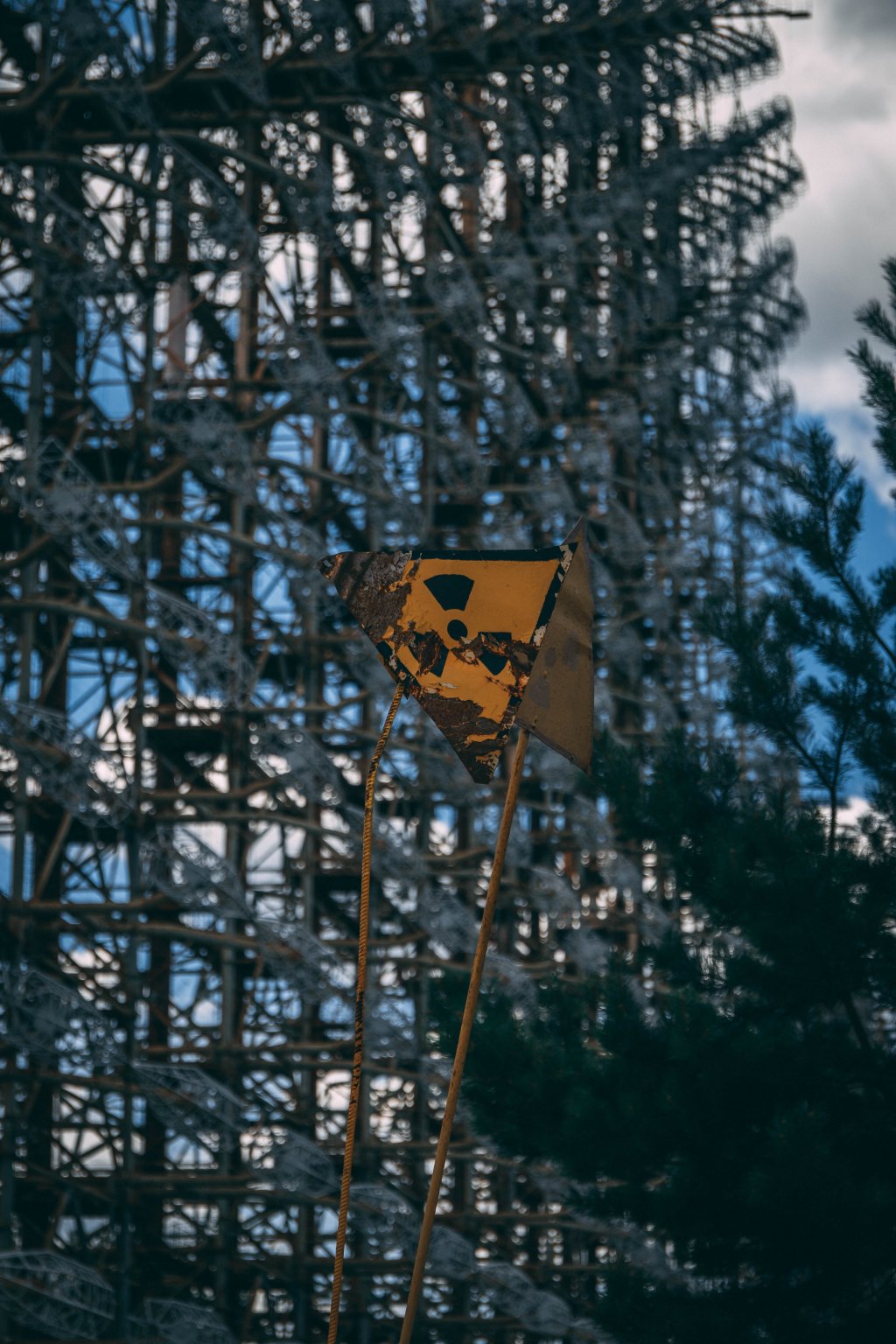 picture of radiation sign on ruin in Chernobyl.